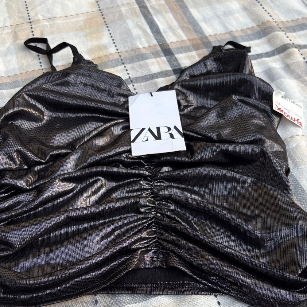 Zara Shimmering Black Gathered Top